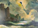 an oil painting of a sailboat in the ocean with mountains in the background