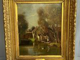 an oil painting of a farm scene with a cow and a house