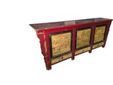 a red and yellow cabinet with a map on it