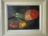 une photo d'un tableau représentant des citrouilles et d'autres fruits