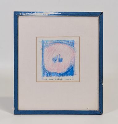 peinture représentant une pomme rose dans un cadre bleu sur fond blanc