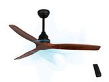 un ventilateur de plafond noir avec des pales en bois et une télécommande