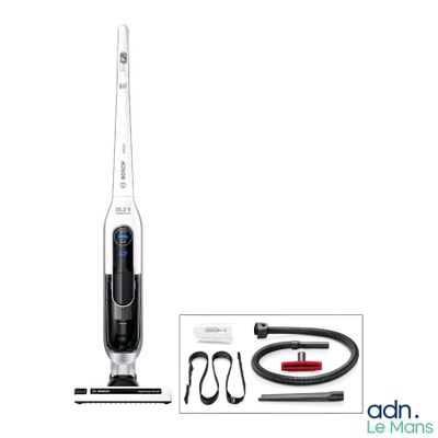 une image représentant un aspirateur sans fil muni d'un cordon d'alimentation et d'un kit de nettoyage