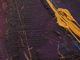 abstract painting of a purple, yellow, and blue background with a clock