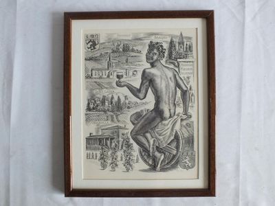 un vieux dessin représentant un homme assis sur une chaise, tenant un verre de vin