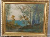 une peinture d'une rivière avec des arbres en arrière-plan