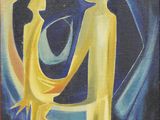 an oil painting of two people standing next to each other on a blue and yellow background