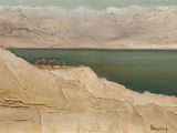 painting of a view of a body of water from a cliff