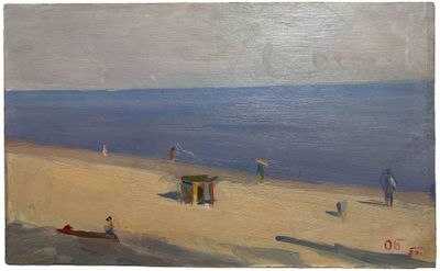 une peinture de personnes sur la plage au bord de l'eau