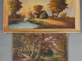 deux tableaux représentant une maison et un ruisseau, dans une pièce