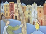 painting of a man and a woman in a landscape with buildings and a tree