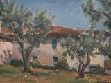 peinture représentant une maison et des arbres devant un ciel bleu