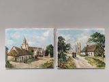 deux tableaux représentant un village avec une route et une église