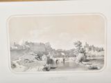 an old picture of a picture of a castle with a bridge