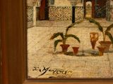 an oil painting of a courtyard with potted plants in front of a building