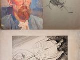 three drawings of a man with a beard and a man with a hat