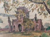 an image of a painting of a building with a tree in the foreground