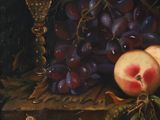 painting of a still life of grapes, peaches, and a wine glass on a table