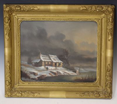 École française du XIXe siècle La chaumière enneigée