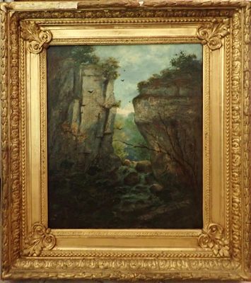 une peinture à l'huile représentant un paysage rocheux avec un château au loin