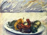 a painting of a plate of fruit and vegetables on a table
