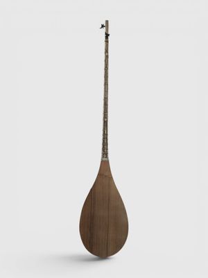 a close up of a wooden instrument on a white background
