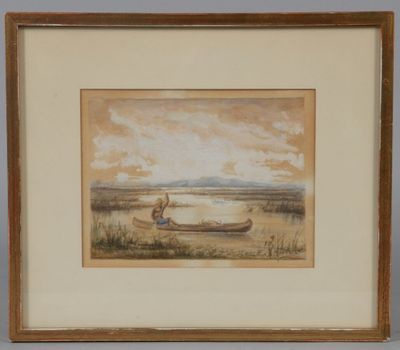 painting of two people in a boat on a lake with a sky background