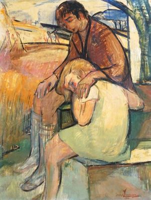 a painting of a man and a woman sitting on a bench