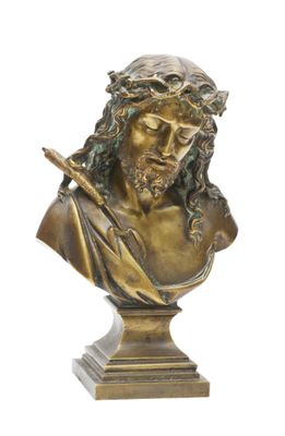 bronze bust of jesus holding a sword on a white background
