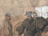 drawing of a group of men standing around a horse in a pen and ink drawing