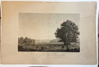 une vieille photo représentant une ferme avec un arbre en arrière-plan