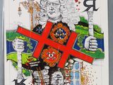 a close up of a playing card with an image of a man holding a cross
