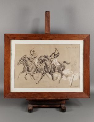 une image représentant un dessin de deux hommes à cheval, posé sur un chevalet en bois