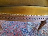 yellow velvet upholstered chair with wood legs and beaded trim