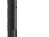 a black tower fan sitting on top of a table next to a remote control