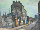 dessin représentant un tableau d'une rue de ville avec des bâtiments de part et d'autre de la rue