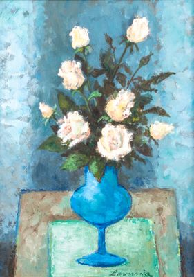 a painting of a blue vase with white flowers on a table