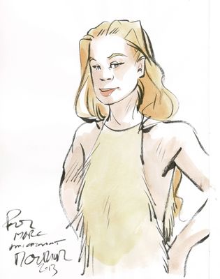croquis d'une femme en robe jaune, les mains sur les hanches