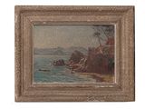 an oil painting of a rocky coast with a boat in the water
