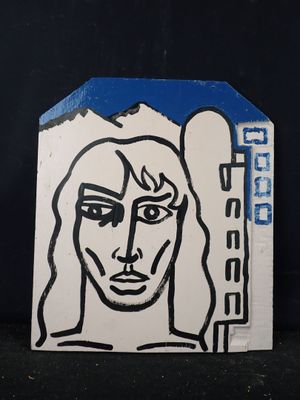 une peinture représentant une femme tenant une batte de baseball sur un fond noir