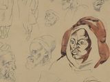 sketches of a group of men and women with headscarves and hats