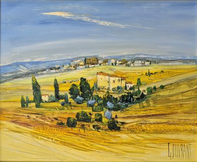 un tableau représentant un paysage avec un village au loin