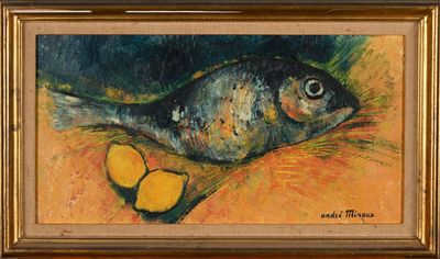 painting of a fish on a table with a piece of bread