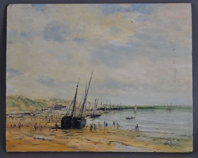 tableau représentant une scène de plage avec des bateaux sur le rivage et des personnes marchant sur le sable