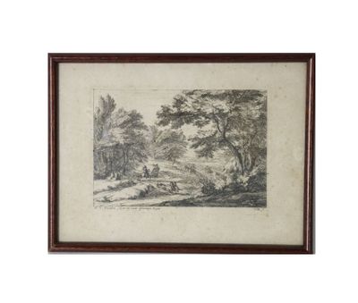 un dessin représentant un paysage avec des arbres et un homme assis sur un banc