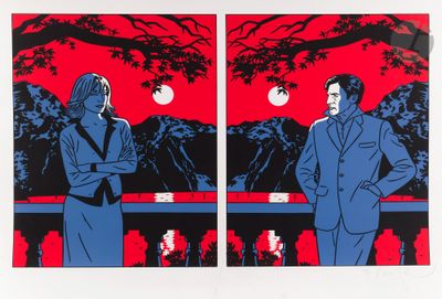 a couple of pictures of a man and woman standing next to each other
