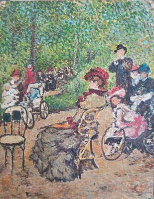 une peinture représentant un groupe de personnes assises autour d'une table