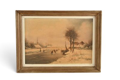 une image représentant un tableau illustrant une scène hivernale avec des personnes sur une rivière gelée