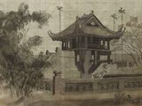 un dessin représentant une pagode au milieu d'un parc