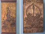 two pictures of a wall hanging with a picture of a woman and a man